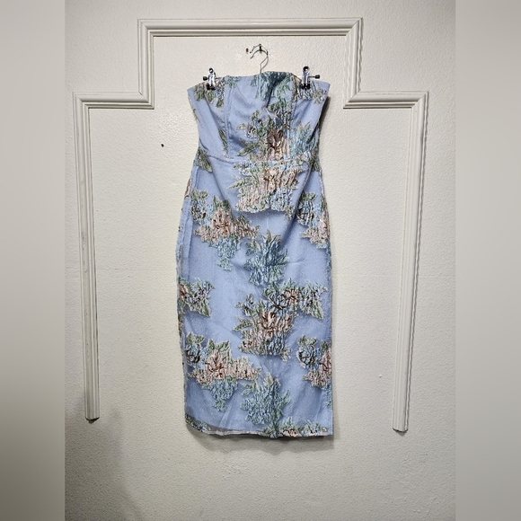 Lulus Upgraded Event Blue Jacquard Strapless Bustier Midi Dress S Wedding Party - Picture 6 of 10